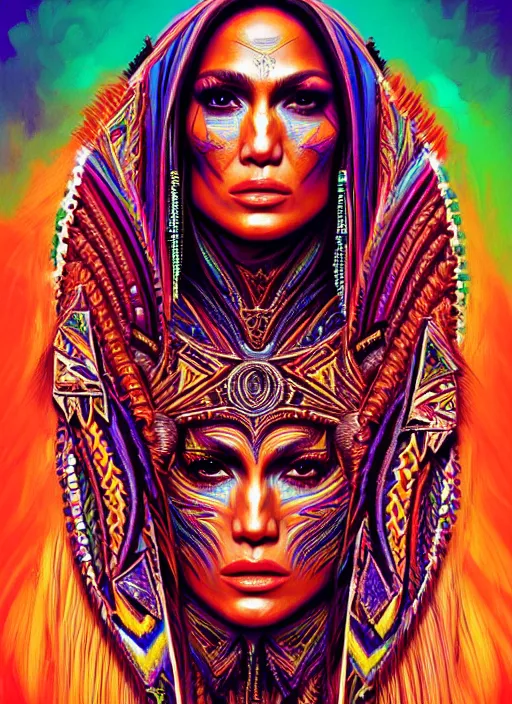 Image similar to portrait of jennifer lopez, hyper detailed ultra sharp aztec shaman warrior. trending on artstation, warpaint aesthetic, bloodwave, colorful, psychedelic, ornate, intricate, digital painting, concept art, smooth, sharp focus, illustration, art by artgerm and greg rutkowski and h. r. giger, 8 k