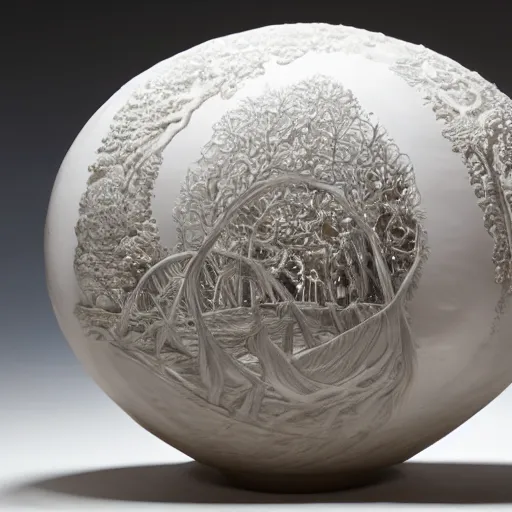 Prompt: The Midjourney Multiverse, highly detailed carving on ,southern ice, porcelain, partially glazed, woodfired, art gallery