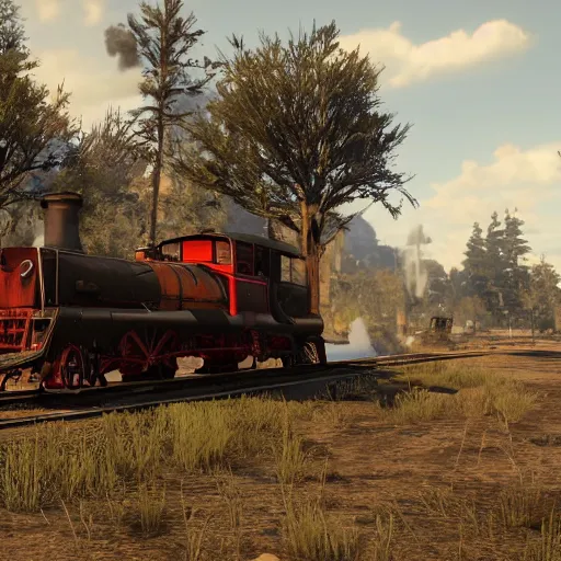 Image similar to futuristic sleek steam locomotive in red dead redemption 2