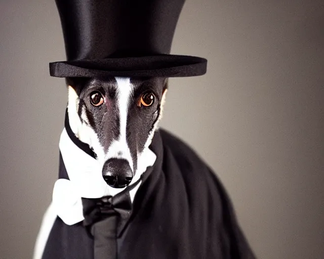 Image similar to greyhound wearing a black cloak and a top hat under a spotlight, magician dog
