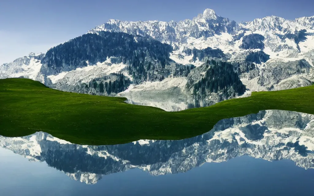 Image similar to the alps and reflection in a lake in the style of georgia o keefe