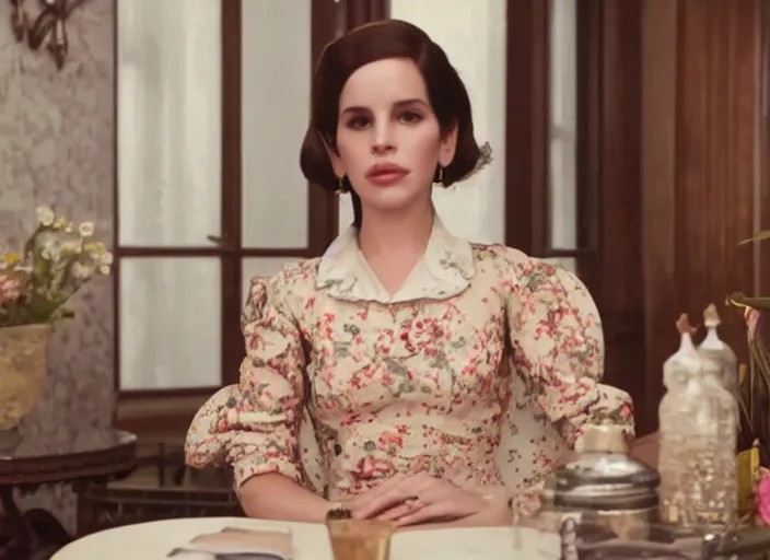 Image similar to Movie still of Lana del Rey wearing Kebaya sitting on a table, directed by Wes Anderson