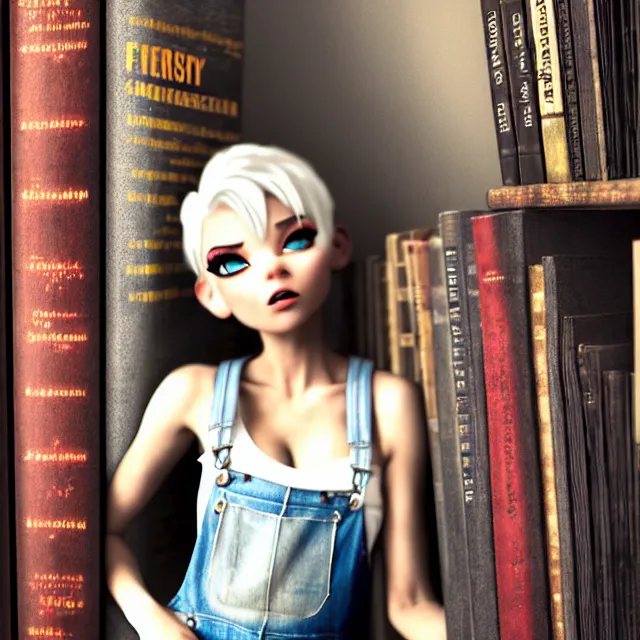 Prompt: full body pose, beautiful adult library fairy, short white hair shaved sides, pixar, dirty, grungy, grunge, painted overalls, stacks of giant books, highly detailed, 4 k, hdr, smooth, sharp focus, high resolution, award - winning photo, artgerm, photorealistic