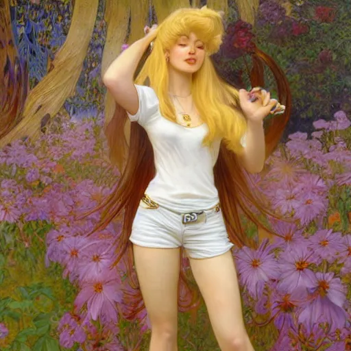 Prompt: A young woman with blonde long hair and bangs in shorts and white shirt drawn by Robert McGinnis and Julie Bell and Zeronis and alphonse mucha, background by James Jean and gustav klimt, 4k, sunny day, volumetric lighting, french nouveau, trending on artstation, octane render, hyperrealistic