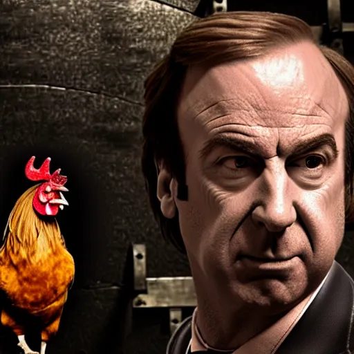 Image similar to saul goodman and a rooster in a medieval torture chamber, saw blades and knives in the background, horror movie, saul goodman, rooster!!!!, real life photo, highly detailed face