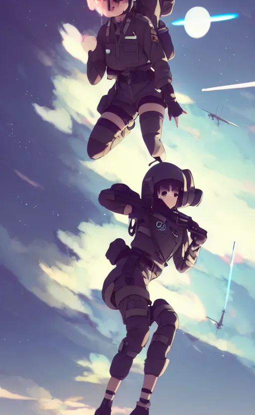 Prompt: cute pilot girl flying, black sky background, battlefield landscape, illustration concept art anime key visual trending pixiv fanbox by wlop and greg rutkowski and makoto shinkai and studio ghibli and kyoto animation, soldier clothing, military weaponry, fused airplane parts in legs, enemy ufo using lasers