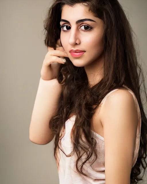 Image similar to a highly realistic, true to life portrait of a beautiful young middle eastern girl, soft focus, from the waist up, with sharp features, a beautiful face, soft smile, under studio lighting, taken with a canon eos camera with 1 3 5 mm focal length