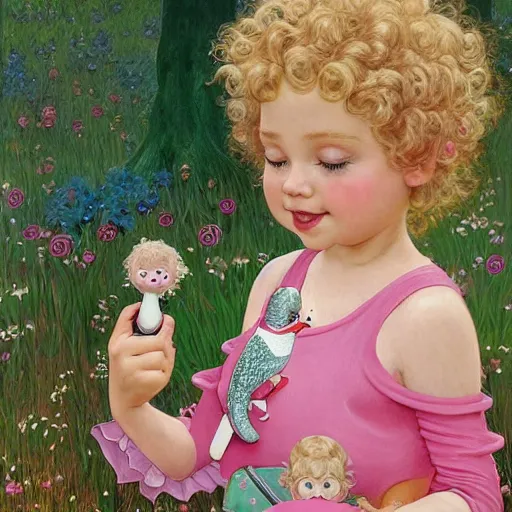 Image similar to a beautiful happy little blonde toddler girl with short curly hair at the park on a beautiful day in the shade, holding a round all-pink stuffed penguin, by Dan Mumford, Junji Murakami, Mucha Klimt, Hiroshi Yoshida and Craig Mullins, featured on Artstation, CGSociety, Behance HD, Deviantart