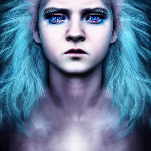 Image similar to The dragon girl portrait, portrait of young girl half dragon half human, dragon girl, dragon skin, dragon eyes, dragon crown, blue hair, long hair, highly detailed, cinematic lighting, Matte painting by David Lynch