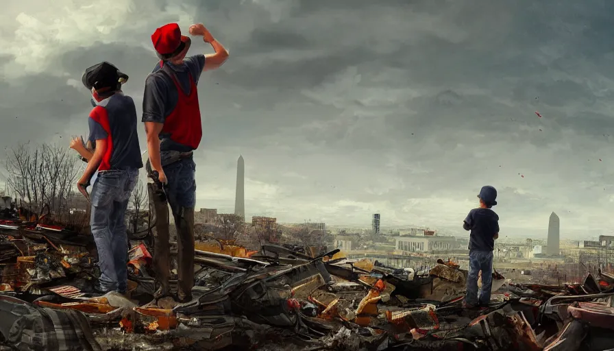 Image similar to father with shotgun and his son with red hat looking at destroyed washington dc from a rooftop, debris, destruction, cloudy day, vegetation, hyperdetailed, artstation, cgsociety, 8 k