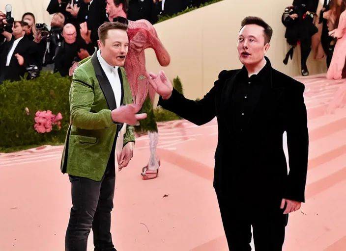 Image similar to Elon Musk and Nikola together at Met Gala 2039 in Mars Futuristic Speaking to a large crowd in an event