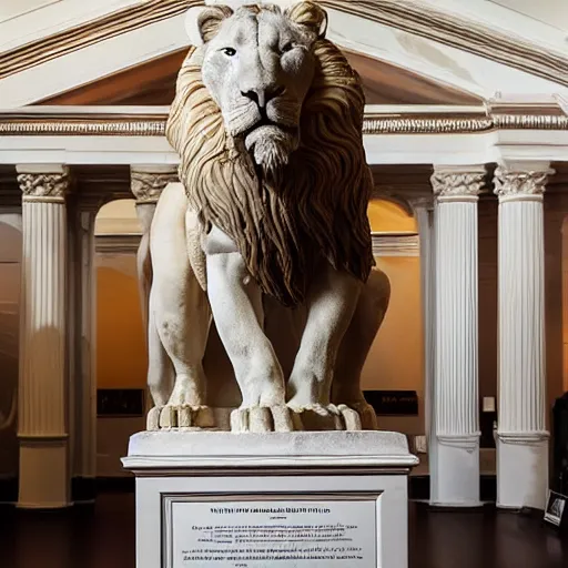 Prompt: Hercules with white lion head statue well lit in museum