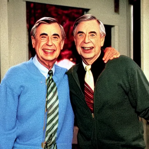 Prompt: Mr. Rogers hanging out with Jason Voorhees from the movie Friday the 13th