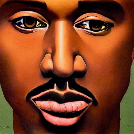 Image similar to very detailed portrait of kanye west's face. extreme close - up. painted by rene magritte, 1 9 2 7. oil on canvas.