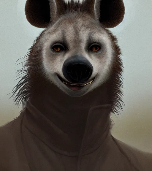 Image similar to foggy dirt road portrait of furry anthro anthropomorphic spotted hyena head animal person fursona wearing clothes horror gloomy digital art photo by Greg Rutkowski, Simon Stalenhag, christopher nolan trending on Artstation, CGSociety