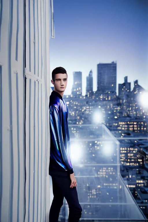 Image similar to un ultra high definition studio quality photographic art portrait of a young man standing on the rooftop of a british apartment building wearing soft baggy inflatable padded silver iridescent pearlescent clothing. three point light. extremely detailed. golden ratio, ray tracing, volumetric light, shallow depth of field. set dressed.