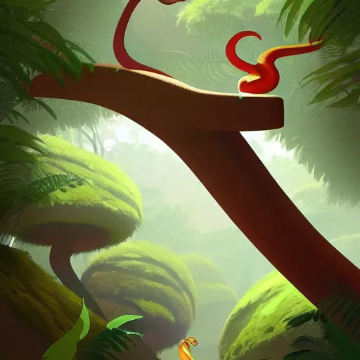 Image similar to Goro Fujita illustrating a snake with geometric figures climbing a large tree in a jungle, art by Goro Fujita, sharp focus, highly detailed, ArtStation