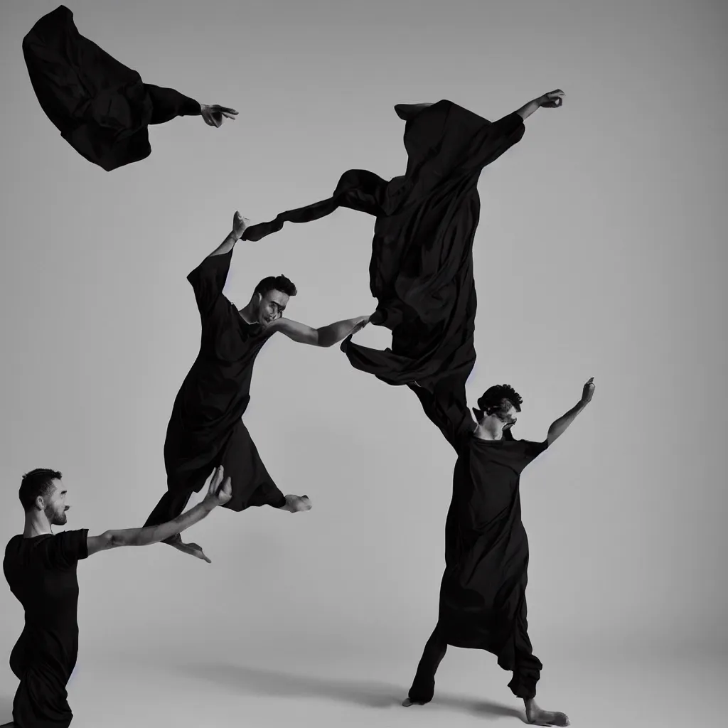 Image similar to a photo of a man dancing in a black Issey Miyake dress