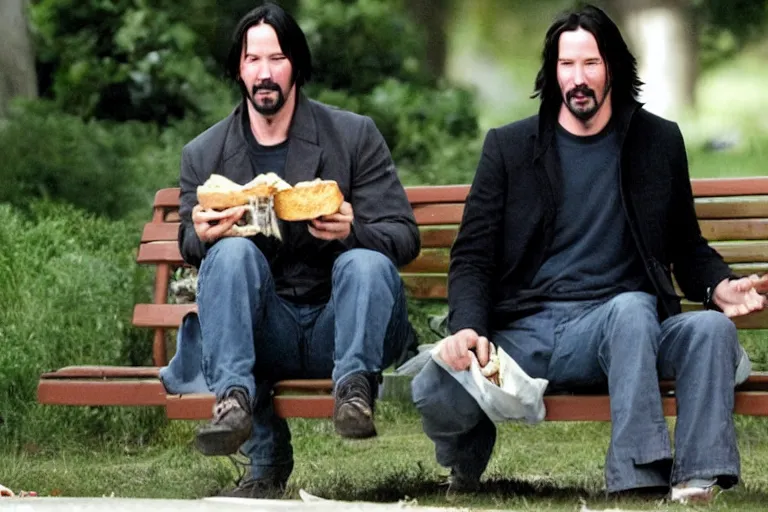 Image similar to Keanu Reeves eating a sandwich while sitting on a bench, in the style of Gregory Crewdson