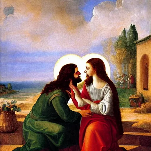 Image similar to an oil panting of a jesus kissing maria maddalena