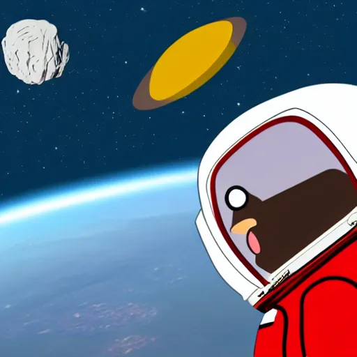 Image similar to 2 d cartoon of a red, short, bean shaped astronaut with no arms and a long blue visor