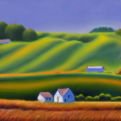 Image similar to new england houses among hills and fields, light pastel style painting