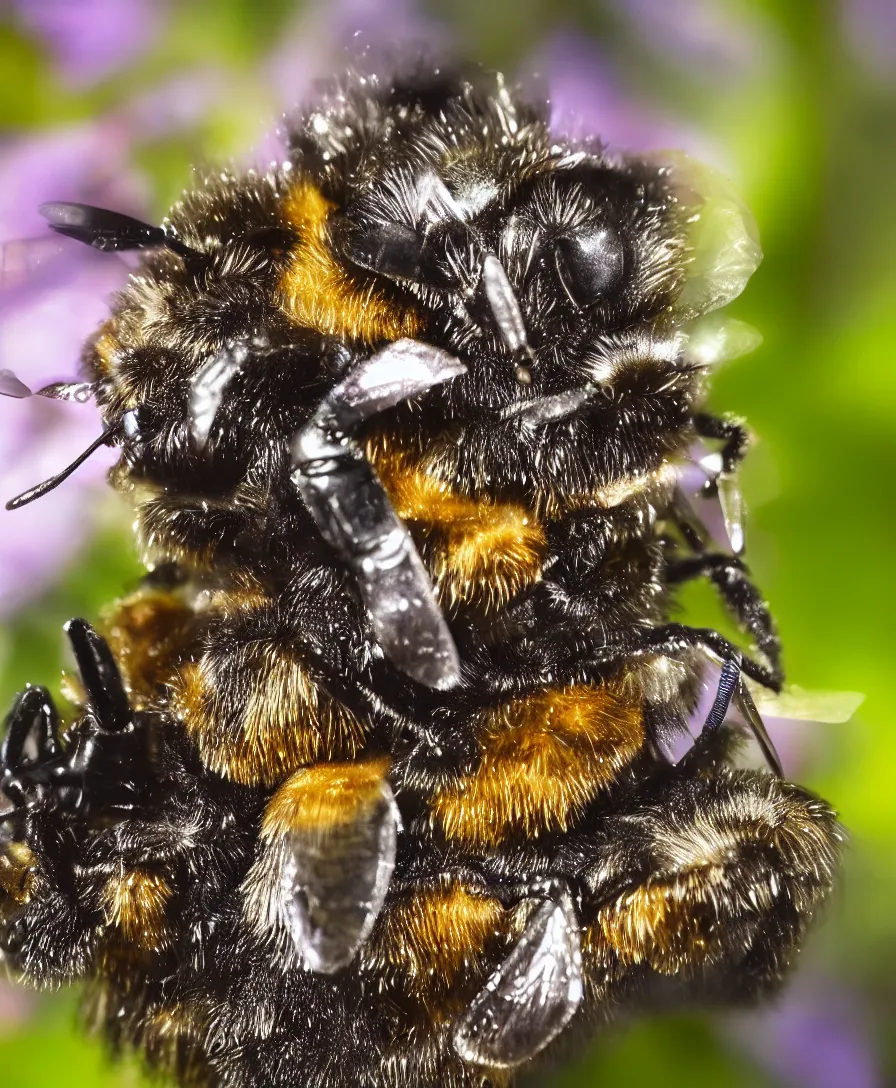 Image similar to super macro of a robot bee on a flower in the garden, fantasy, cyberpunk style, highly detailed 8 k, intricate, nikon d 8 5 0 3 0 0 mm, award winning photography