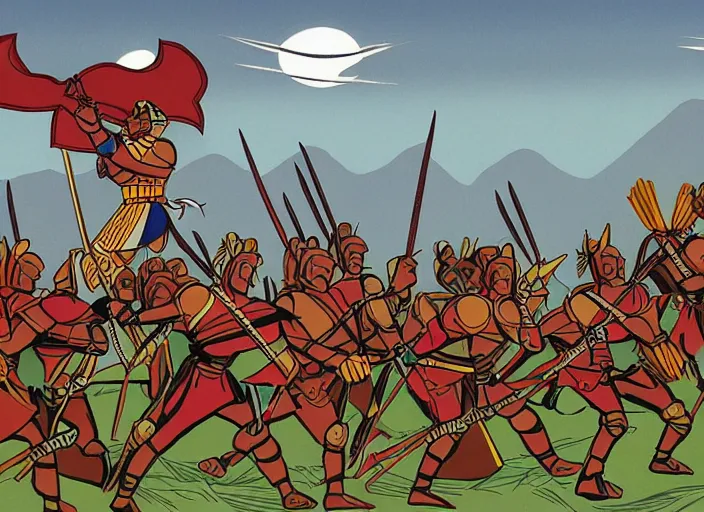 Image similar to trojan warriors in battle versus the us army in the style of artist eyvind earle