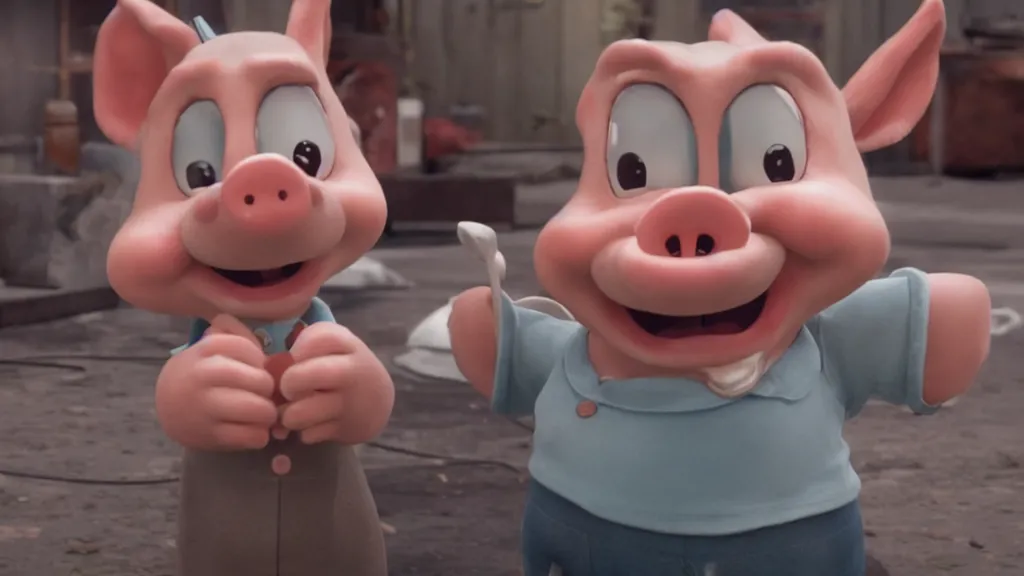 Image similar to found footage of Porky Pig eating glue, hyperrealistic, Cryengine 8k UHD