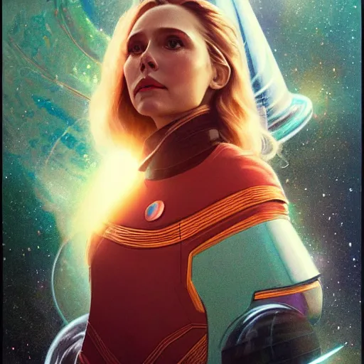 Prompt: Elizabeth Olsen as a stunning , beautiful retro SCI-FI space heroine 1985 , movie poster, intricate, elegant, highly detailed, centered, digital painting, trending on artstation, concept art, smooth, sharp focus, illustration, art by raphael lacoste ,eddie mendoza ,alex ross, WLOP