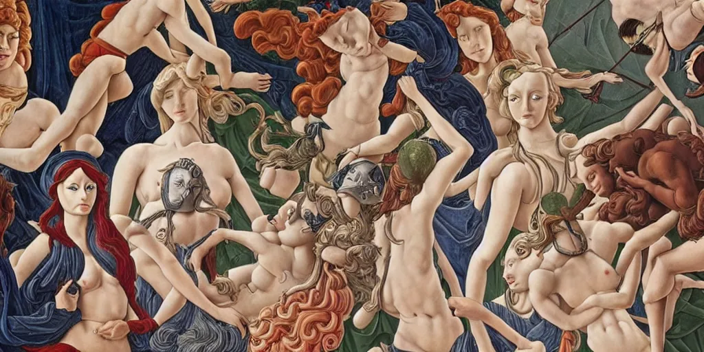 Image similar to the 12 months of the year, represented by 12 figures, of different ages and genders, in a style blend of Botticelli and Æon Flux, stunningly detailed artwork