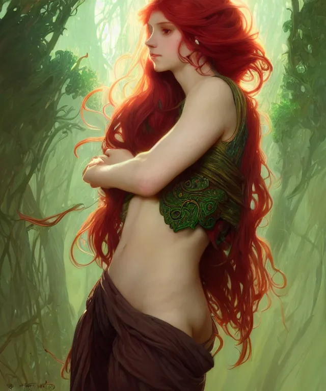 Image similar to Fae teenage girl, portrait, face, long red hair with green highlights, fantasy, intricate, elegant, highly detailed, digital painting, artstation, concept art, smooth, sharp focus, illustration, art by artgerm and greg rutkowski and alphonse mucha