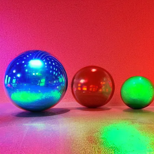 Prompt: holographic glass spheres on a red cube
