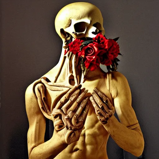 Prompt: a man in the form of a Greek sculpture with a mask in the form of a skull and wreath of flowers skulls in hands dressed in a biomechanical dress, ornate gold background, red white and gold color scheme, baroque, by Michelangelo