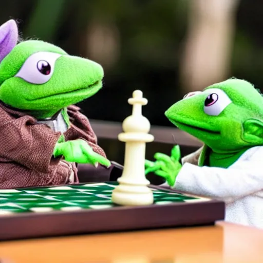 Image similar to photo of ( hybrid of kermit the frog and yoda ) playing chess