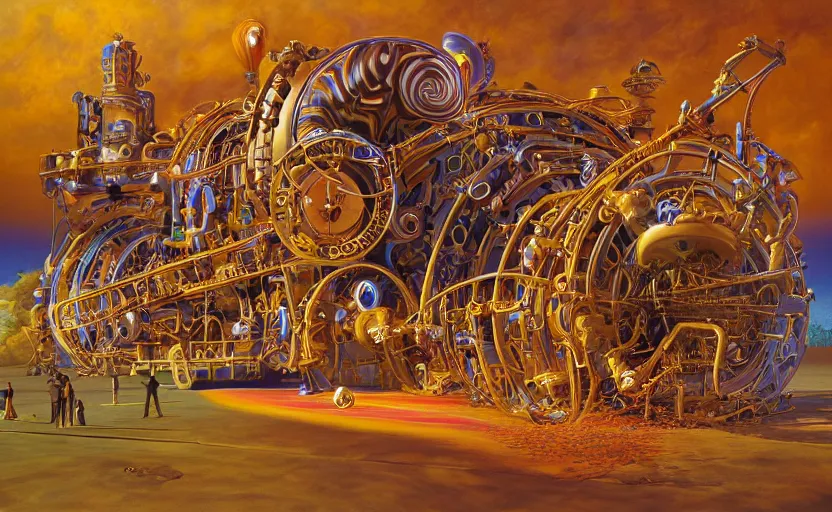 Prompt: “a singular psychedelic steampunk music machine made of intricate guitars pianos saxophones drums and synths, by Vladimir kush , by Roger dean, By syd mead, by josip csoor, 8k resolution, realistic shadows, 3D, rendered in octane, volumetric lighting, hyper detailed, photorealistic, psychedelic”