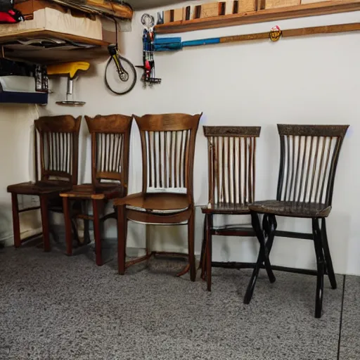 Image similar to three chairs and five spoons in a garage