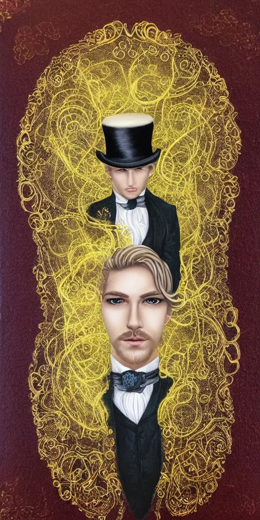 Image similar to beautiful detailed acrylic painting mystical mentalist man, has blond hair and a top hat. Wearing embroidered noble clothes. Heterochroma eyes. A small book with gold filigree in hand. Renaissance. Fantasy.