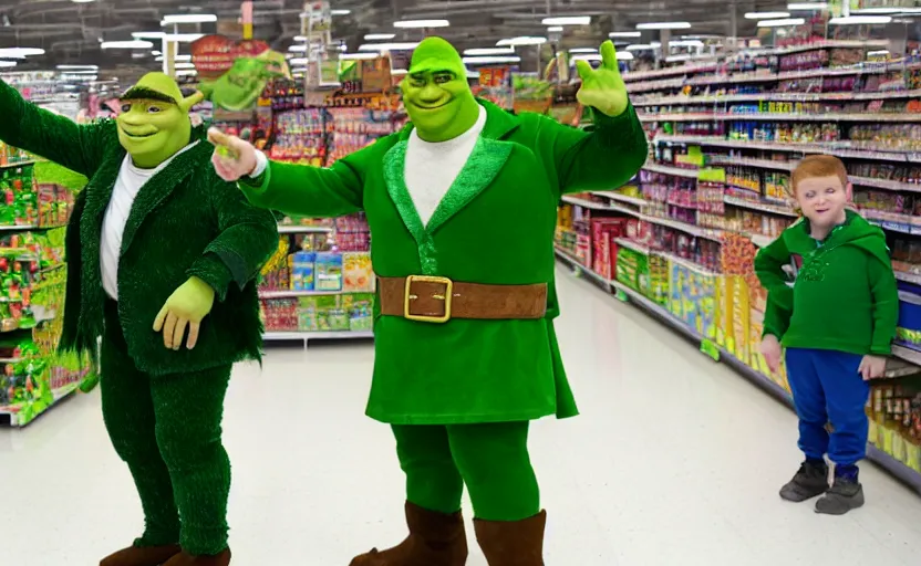 Image similar to shrek and a leprechaun live in asda, with thousands of spectators