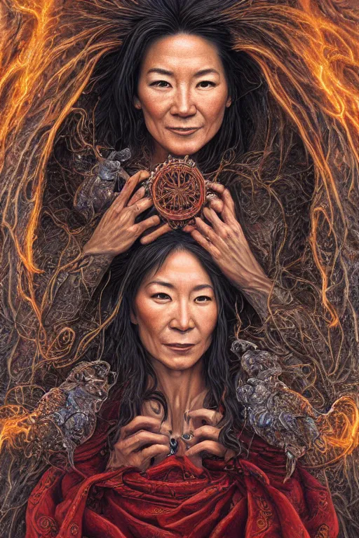 Image similar to A beautiful detailed tarot card of Michelle Yeoh, by tomasz alen kopera and Justin Gerard, symmetrical features, ominous, magical realism, texture, intricate, ornate, royally decorated, whirling smoke, embers, red adornements, red torn fabric, radiant colors, fantasy, trending on artstation, volumetric lighting, micro details, 3d sculpture, ray tracing, 8k, anaglyph effect