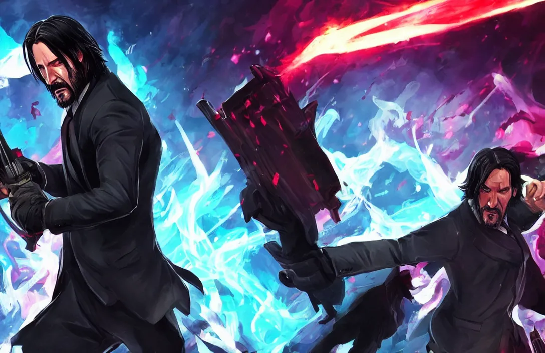 Prompt: john wick as a League of legends character, splash art, Assassin class