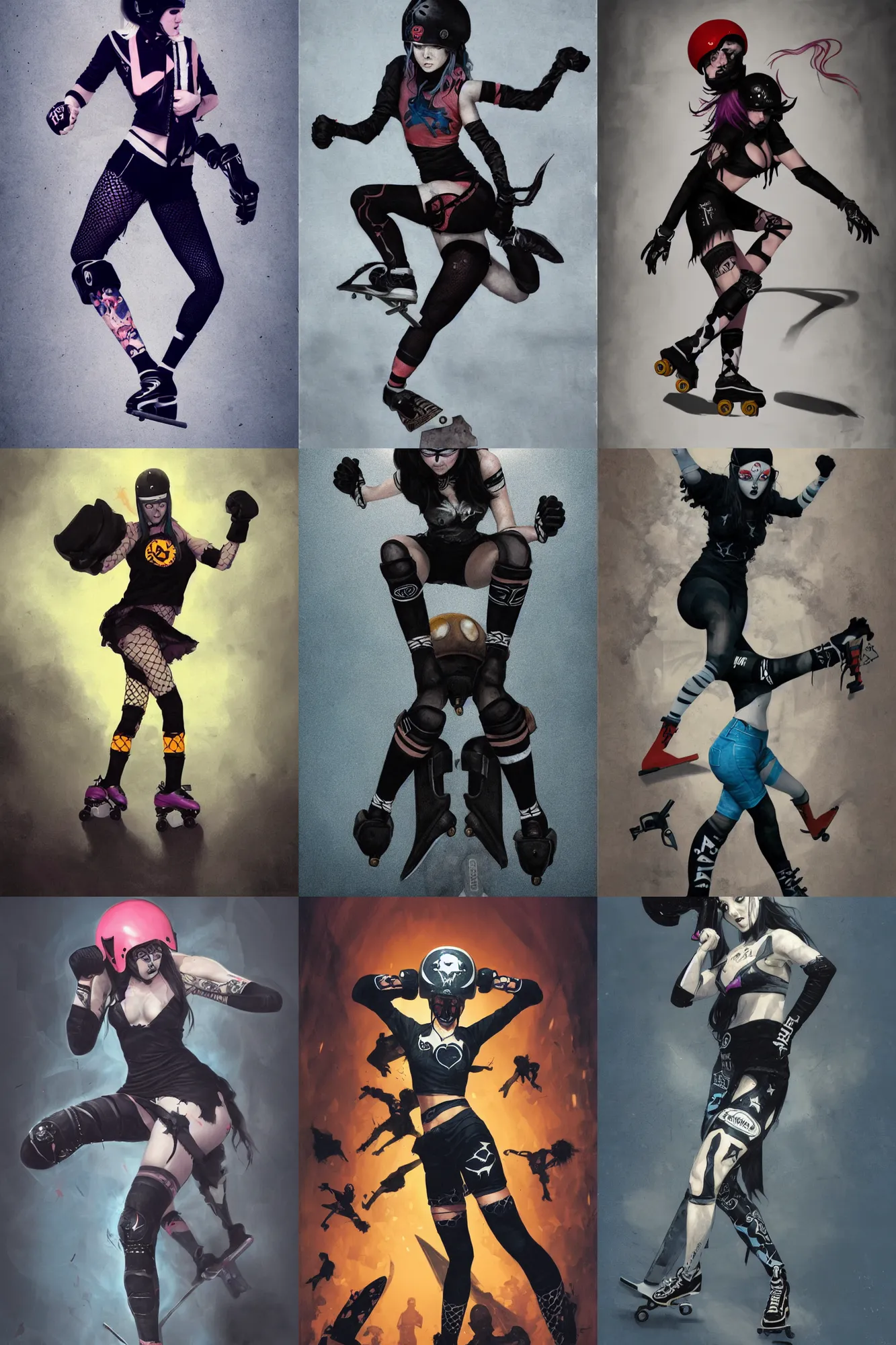 Prompt: goth girl , logo design, roller derby girl sprinting Cross-Over, wearing skate helmet, knee pads, elbow pads,full length portrait, fishnet tights, torn, ripped, fists in the air, illustration by greg rutkowski, blue back lighting