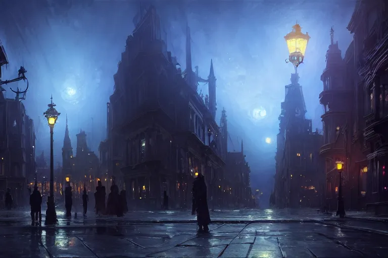 Image similar to an victorian city, scene in the night, lovecraftian horror in the background sky. 1 8 9 0, key visual, conceptart, ambient lighting, highly detailed, digital painting, artstation, concept art, sharp focus, by makoto shinkai and akihiko yoshida and greg manchess