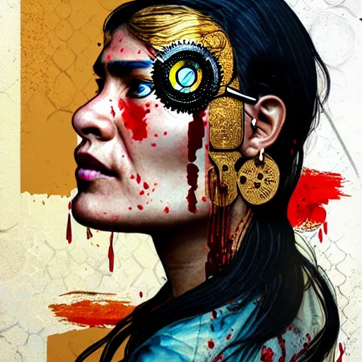 Image similar to portrait of chitral woman :: side profile :: in ocean :: clockwork details :: gold :: blood and horror :: by marvel and Sandra Chevrier