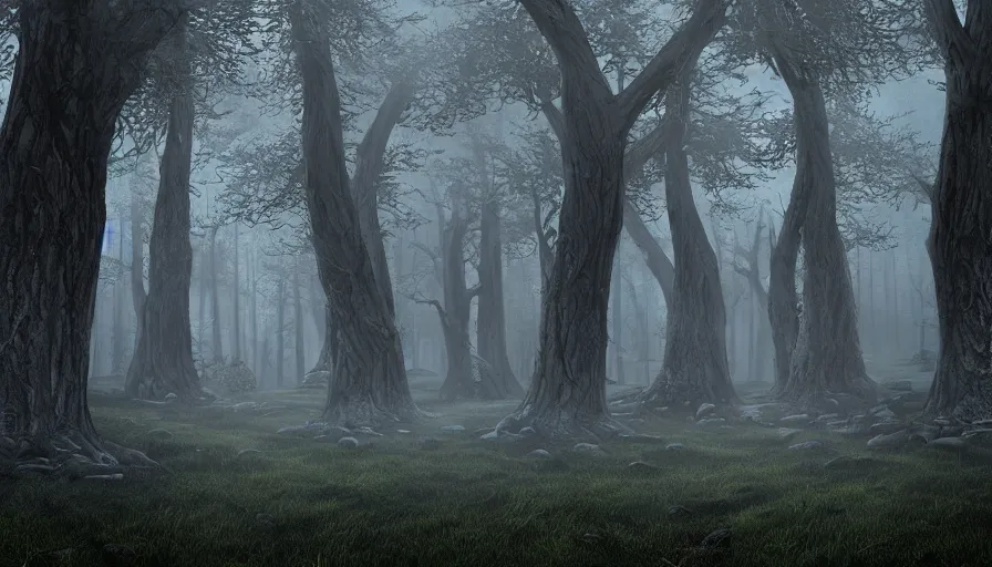 Prompt: a dark gloomy foggy forest with a doorframe that is a portal to a fantasy landscape, high quality rendering, digital art