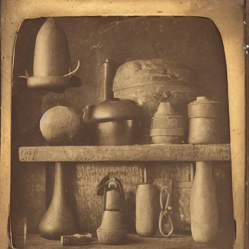 Image similar to Tintype photograph of primitive objects displayed in an ethnographic museum, archive material, anthropology, 1920s studio lighting.