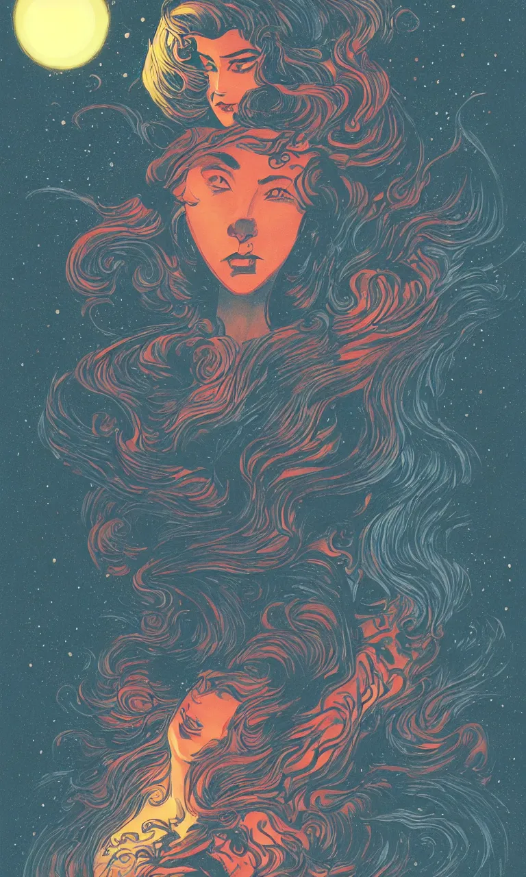 Prompt: retro dark vintage sci-fi, 2D matte gouache book cover illustration , goddess of light and death