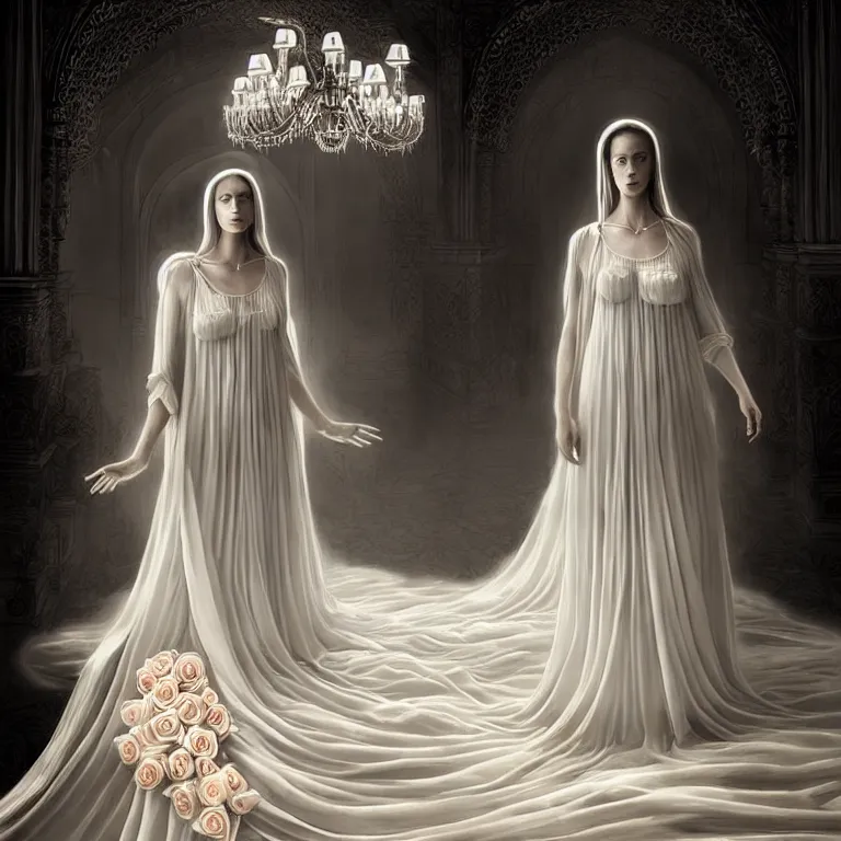 Prompt: professional digital art of wonderful symmetrical goddess with a majestic semi transparent white roses cotton dress, atmospheric light, dramatic lighting, cinematic, painted, intricate, detailed, foreboding, by art by meredit frampton and gregory crewdson, epic, stunning, gorgeous, much wow, cinematic, masterpiece.