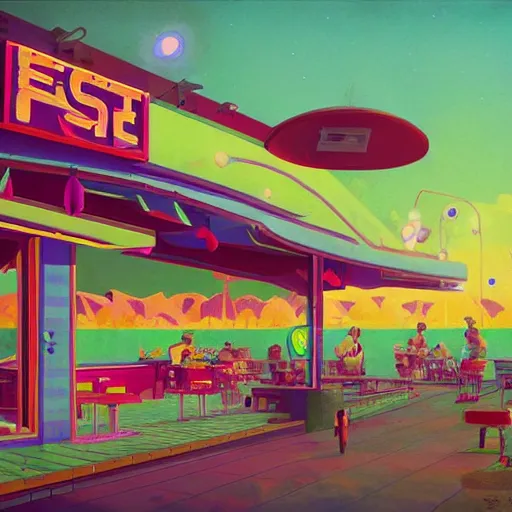 Image similar to psychedelic fast food restaurant near the beach by simon stalenhag