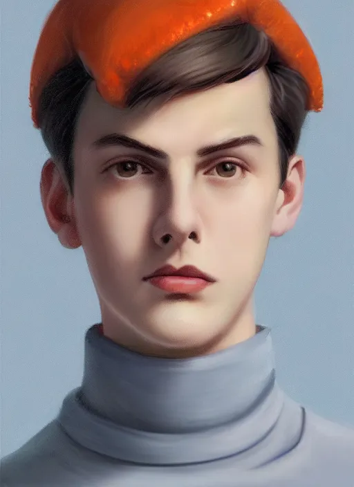 Prompt: portrait of teenage jughead jones wearing a light grey crown, crown, light grey crown, blue turtleneck, 1 9 5 0 s, closed eyes, intricate, peach and orange lighting, elegant, glowing lights, highly detailed, digital painting, artstation, concept art, smooth, sharp focus, illustration, art by wlop, mars ravelo and greg rutkowski